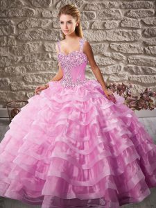 Dynamic Pink Ball Gowns Straps Sleeveless Organza Floor Length Court Train Lace Up Beading and Ruffled Layers 15 Quinceanera Dress