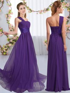 Sumptuous Purple Sleeveless Ruching Floor Length Court Dresses for Sweet 16