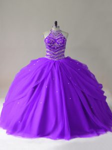High End Purple Lace Up Quinceanera Dress Beading Sleeveless Floor Length