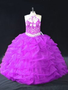 Sleeveless Organza Floor Length Backless Sweet 16 Dresses in Purple with Beading and Pick Ups
