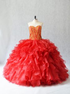 Ball Gowns 15th Birthday Dress Red Sweetheart Organza Sleeveless Floor Length Lace Up