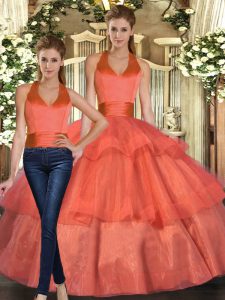 Flirting Orange Ball Gowns Organza Halter Top Sleeveless Ruffled Layers Floor Length Lace Up Vestidos de Quinceanera
