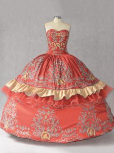 High Class Rust Red Quince Ball Gowns Sweet 16 and Quinceanera with Embroidery and Bowknot Sweetheart Sleeveless Lace Up