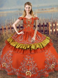 High Class Rust Red Off The Shoulder Lace Up Embroidery 15th Birthday Dress Sleeveless
