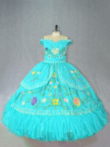 Super Ball Gowns Quinceanera Gowns Aqua Blue Off The Shoulder Satin Sleeveless Floor Length Lace Up