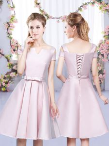 Baby Pink A-line Bowknot Quinceanera Dama Dress Lace Up Satin Sleeveless Mini Length
