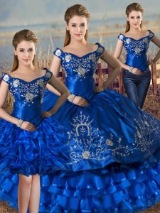 Popular Royal Blue Sleeveless Embroidery and Ruffled Layers Floor Length Ball Gown Prom Dress