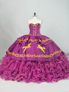 Purple Quinceanera Gowns Sweet 16 and Quinceanera with Embroidery and Ruffles Sweetheart Sleeveless Brush Train Lace Up