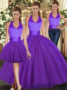 Shining Three Pieces Sweet 16 Dress Purple Halter Top Sequined Sleeveless Floor Length Lace Up