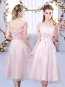 Baby Pink Lace Up Sweetheart Lace and Belt Damas Dress Tulle Short Sleeves