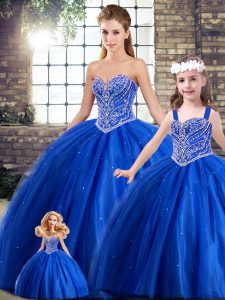 Sweetheart Sleeveless Tulle Quinceanera Dresses Beading Brush Train Lace Up