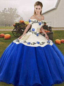 Sleeveless Floor Length Embroidery and Ruffles Lace Up Quinceanera Dress with Blue And White