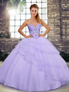 Lavender Ball Gowns Tulle Sweetheart Sleeveless Beading and Ruffled Layers Lace Up Quinceanera Dresses Brush Train