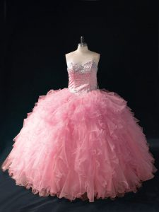 Flare Floor Length Ball Gowns Sleeveless Pink Quinceanera Gown Lace Up