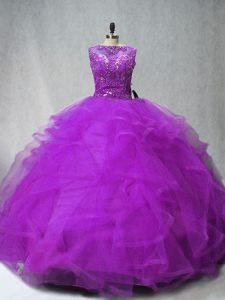 Purple Lace Up Scoop Beading and Ruffles Ball Gown Prom Dress Tulle Sleeveless Brush Train
