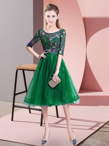 Dark Green Empire Embroidery Dama Dress for Quinceanera Lace Up Tulle Half Sleeves Knee Length