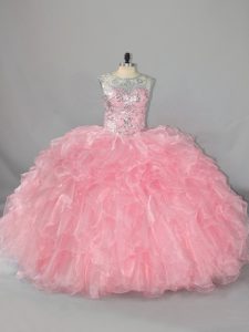 Gorgeous Pink Ball Gowns Organza Scoop Sleeveless Beading and Ruffles Floor Length Lace Up Quinceanera Dress