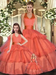 Pretty Organza Halter Top Sleeveless Lace Up Ruffled Layers Quinceanera Gown in Orange Red