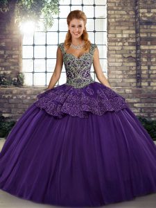 Purple Sleeveless Beading and Appliques Floor Length Sweet 16 Dresses