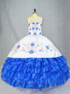 Captivating Sleeveless Asymmetrical Embroidery and Ruffled Layers Lace Up Quinceanera Dress with Blue And White