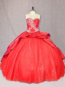 Cute Court Train Ball Gowns Sweet 16 Dresses Red Sweetheart Tulle Sleeveless Floor Length Lace Up