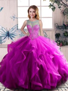 Purple Tulle Lace Up 15th Birthday Dress Sleeveless Floor Length Beading and Ruffles