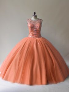 Popular Orange Ball Gowns Scoop Sleeveless Tulle Floor Length Lace Up Beading Quinceanera Dress