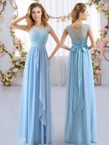 Best Cap Sleeves Chiffon Floor Length Side Zipper Court Dresses for Sweet 16 in Light Blue with Lace and Belt