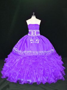 Adorable Strapless Sleeveless 15 Quinceanera Dress Floor Length Embroidery and Ruffles Lavender Organza