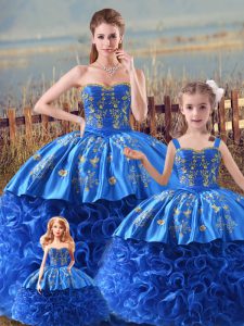 Hot Sale Royal Blue Ball Gowns Straps Sleeveless Satin and Fabric With Rolling Flowers Brush Train Zipper Embroidery and Ruffles Sweet 16 Quinceanera Dress