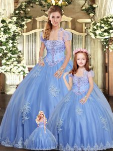Light Blue Sleeveless Floor Length Beading and Appliques Lace Up Sweet 16 Dress