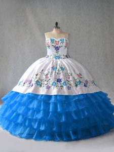 Adorable Blue And White Sleeveless Embroidery and Ruffled Layers Floor Length Quince Ball Gowns