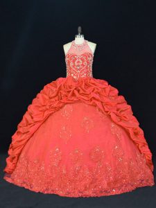 Noble Red Lace Up 15th Birthday Dress Beading and Appliques and Embroidery Sleeveless Floor Length