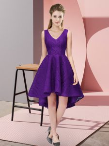 Purple Lace Zipper V-neck Sleeveless High Low Court Dresses for Sweet 16 Lace
