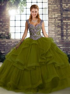 High End Tulle Straps Sleeveless Lace Up Beading and Ruffles 15th Birthday Dress in Olive Green