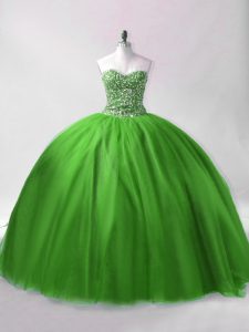 Cute Sleeveless Floor Length Beading Lace Up Quinceanera Gowns with Green