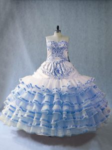 Fashion Sleeveless Organza Floor Length Lace Up Vestidos de Quinceanera in Blue And White with Embroidery and Ruffled Layers