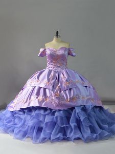 Nice Chapel Train Ball Gowns Sweet 16 Dress Lavender Off The Shoulder Organza Sleeveless Lace Up