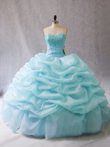 Superior Organza Sweetheart Sleeveless Lace Up Beading and Pick Ups Vestidos de Quinceanera in Aqua Blue