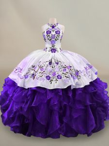 Comfortable White And Purple Ball Gowns Organza Halter Top Long Sleeves Embroidery and Ruffles Floor Length Lace Up Quinceanera Gown
