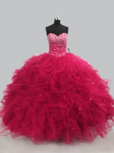 Decent Hot Pink Sweetheart Lace Up Beading and Ruffles Quince Ball Gowns Sleeveless