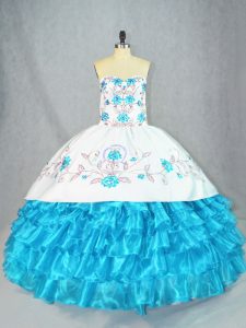 Chic Baby Blue Organza Lace Up Sweetheart Sleeveless Floor Length Sweet 16 Dress Embroidery and Ruffled Layers