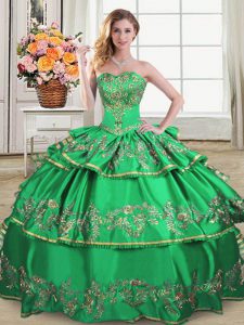 Green Sweetheart Lace Up Embroidery and Ruffled Layers 15th Birthday Dress Sleeveless
