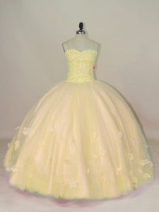 Yellow Tulle Lace Up Sweetheart Sleeveless Floor Length 15th Birthday Dress Beading and Hand Made Flower