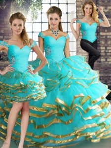 Clearance Aqua Blue Off The Shoulder Neckline Beading and Ruffled Layers Quinceanera Gowns Sleeveless Lace Up
