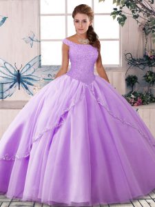 Lavender Off The Shoulder Lace Up Beading Quince Ball Gowns Brush Train Sleeveless