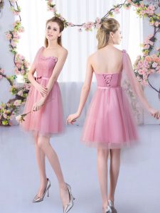 Spectacular Sleeveless Tulle Mini Length Lace Up Vestidos de Damas in Pink with Appliques and Belt