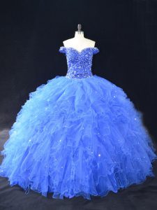 High End Blue Ball Gowns Beading and Ruffles Sweet 16 Dress Lace Up Tulle Sleeveless Floor Length