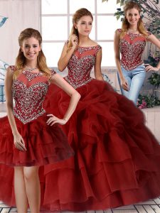 Latest Wine Red Three Pieces Beading and Pick Ups Quinceanera Gown Zipper Organza Sleeveless