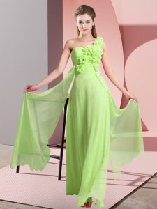 Glorious Sleeveless Floor Length Hand Made Flower Lace Up Damas Dress with Yellow Green
